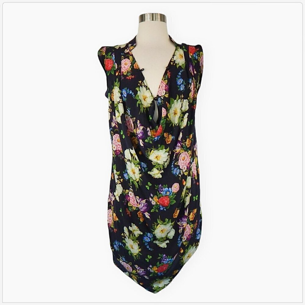 Pino Pizo Collection Charcoal Gray Colorful Floral Silk Draped Shift Dress M